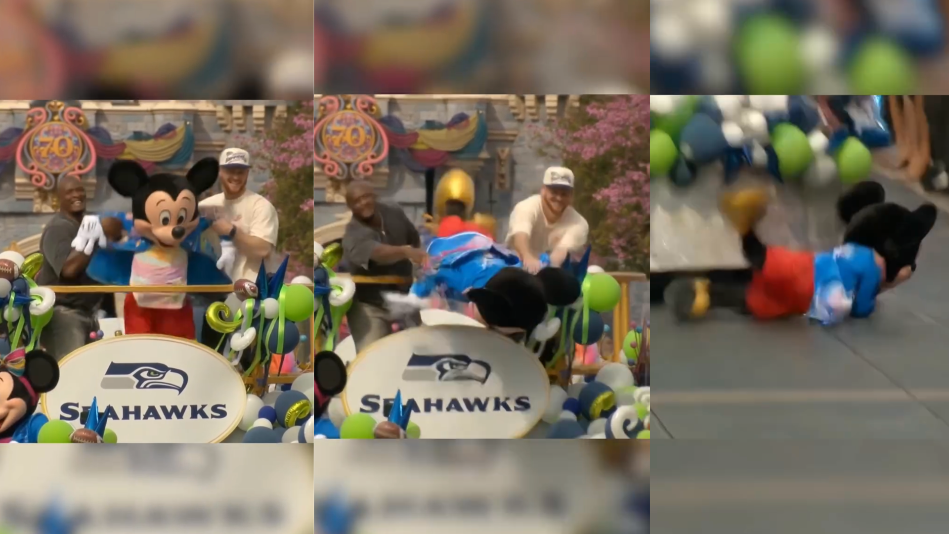 Sam Darnold and Kenneth Walker Toss Mickey Off Float | Mouse Trap News